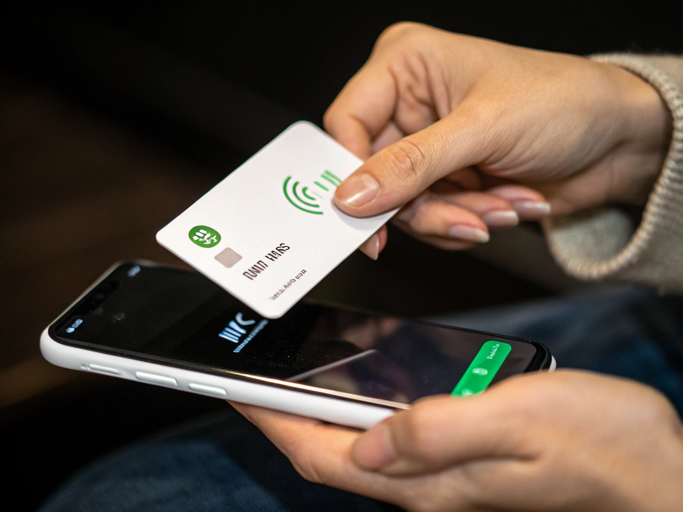 Cliente acercando su teléfono smartphone a la tarjeta TAPGO NFC sobre el mostrador